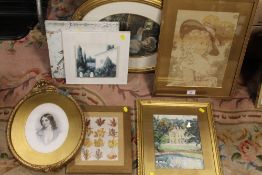 A COLLECTION OF GILT FRAMED PICTURES AND PRINTS ETC TO INCLUDE AN OIL ON BOARD STILL LIFE OF