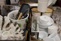 TWO TRAYS OF MODERN HOUSEHOLD KITCHENALIA TO INCLUDE A PORTMERION PLANTER.