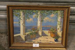 A SMALL FRAMED OIL ON BOARD OF A BALCONY IN CAPRI LOOKING TOWARDS NAPOLI AND MOUNT VESUVIUS SIGNED