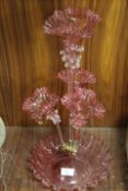 A CRANBERRY GLASS STYLE EPERGNE - ONE TRUMPET DAMAGED