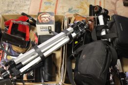 TWO TRAYS OF PHOTOGRAPHIC EQUIPMENT TO INCLUDE NIKON CAMERA ZOOM SLIDE DUPLICATOR TRIPOD STANDS