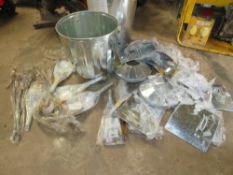 A SELECTION OF SMALL INCINERATOR BINS, ASH SHUTTERS, AND GALVANISED FIRE SHOVELS ETC