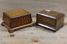 AN INLAID WOODEN CIGARETTE DISPENSING BOX TOGETHER WITH A MARQUETRY BOX (2)