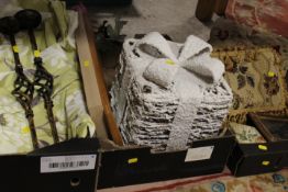 THREE TRAYS OF ASSORTED SUNDRIES TO INCLUDE CURTAINS , CANDLE STANDS , CUSHIONS ETC