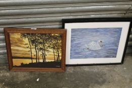 A FRAMED OIL ON BOARD OF TREES BY THE WATER AT SUNSET SIGNED LOWER RIGHT S.POPE TOGETHER WITH A