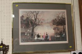 A FRAMED HELEN BRADLEY PRINT SIGNED IN PENCIL - WITH BOOK AND CARD (IN CABINET)