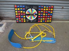 A SELECTION OF COMMERCIAL PLAYGROUND EQUIPMENT COMPRISING A HAGS ROULETTE SET, SWINGS AND TRAPEZE