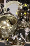 A TRAY OF ASSORTED BRASS AND METALWARE TO INCLUDE A STICK TELEPHONE, PORTHOLE MIRROR ETC