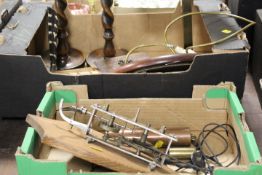AN OAK MOUNTED CLOCKWORK MECHANISM TOGETHER WITH BARLEYTWIST CANDLESTICKS ETC