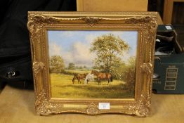 A GILT FRAMED AND GLAZED OIL ON CANVAS OF THREE HORSES GRAZING SIGNED LOWER RIGHT S WINGHAM