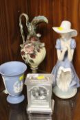 A NAO FIGURE OF A LADY, MODERN CARRIAGE CLOCK ETC