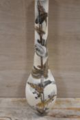 A DAMAGED TALL JAPANESE VASE WITH SIX CHARACTER MARK TO BASE, DECORATED WITH BIRDS