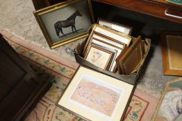 A TRAY OF FRAMED AND GLAZED ASSORTED PICTURES AND PRINTS TO INCLUDE HUMOROUS EXAMPLES