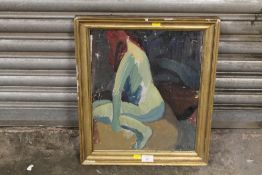 A GILT FRAMED MODERNIST OIL ON BOARD OF A FEMALE NUDE - POSSIBLY M BONNUNO 1919 ? INITIALED LOWER
