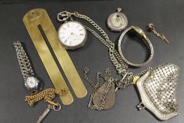 A TRAY OF ASSORTED COLLECTABLES TO INCLUDE A HALLMARKED SILVER POCKET WATCH, ALBERT CHAIN, METAL