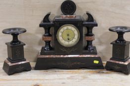 A MARBLE CLOCK GARNITURE .