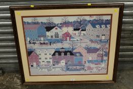 A LARGE FRAMED AND GLAZED SANDI WICKERSHAM RESNICK PRINT OF AMERICAN TOWN CHESTERVILLE - WITH NON