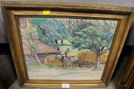 A NAIVE GILT FRAMED OIL ON CANVAS OF A MAN WITH A HORSE PREPARING TO THATCH A ROOF