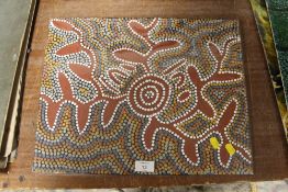 A MIXED MEDIA ON BOARD TRIBAL ART STYLE PICTURE ENTITLED WILD POTATO BY LINNIE NAMALYIC WITH DETAILS