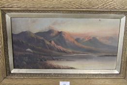 A PAIR OF ANTIQUE GILT FRAMED OIL ON CANVAS MOUNTAINOUS LAKE SCENES