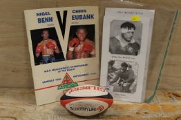 A SMALL QUANTITY OF SPORTING MEMORABILIA TO INCLUDE A NIGEL BENN v CHRIS EWBANK 1990 BOXING