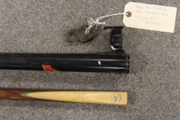A METAL CASED ONE PIECE VINTAGE SNOOKER CUE- KEY IN OFFICE