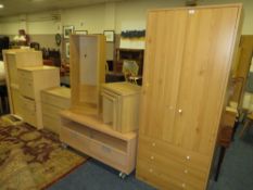 A QUANTITY OF MODERN FURNITURE - WARDROBE, NEST OF TABLES, BOOKCASE, CHEST, TV UNIT, PAIR OF BEDSIDE