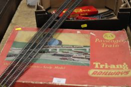 A BOXED TRIANG R1X 00 GAUGE TRAIN SET TOGETHER WITH A BOX OF SPARE TRACK ETC.