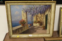 A FRAMED OIL ON BOARD OF A BALCONY IN CAPRI LOOKING TOWARDS NAPOLI AND MOUNT VESUVIUS SIGNED LOWER