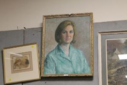 A GILT FRAMED PORTRAIT OF A LADY IN A GREEN JACKET SIGNED LOWER LEFT KATHLEEN TOWNSEND 1971
