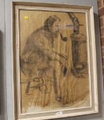 A FRAMED AND GLAZED PENCIL SKETCH ENTITLED ' DOUGLAS BY THE STOVE' ST IVES SOCIETY OF ARTISTS
