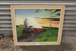 A FRAMED AND GLAZED OIL ON BOARD OF A STEAM TRAIN SIGNED BY DAVID NORMAN