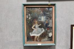 A FRAMED OIL ON BOARD ENTITLED VERSO 'PRINCESS SILVER DANCING AT THE SNOWMAN'S PARTY' DEC 98 WITH