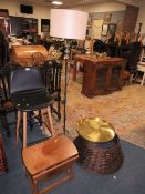 A MODERN LAMP STANDARD, BAR STOOL, OAK SMALL DROPLEAF TABLE, CIRCULAR TRAY AND WICKER CHRISTMAS TREE