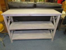 A MODERN LIMED EFFECT THREE TIER CONSOLE TABLE / STORAGE UNIT - W 120 CM