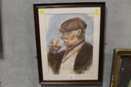 A FRAMED AND GLAZED NORTHERN INDUSTRIAL SCHOOL STYLE PASTEL PORTRAIT OF A MAN IN A FLAT CAP