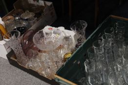 THREE TRAYS OF ASSORTED GLASS WARE ETC TO INCLUDE ETCHED COMPORT VASES ETC