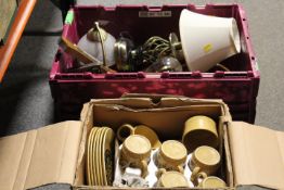 TWO TRAYS OF ASSORTED SUNDRIES TO INCLUDE A BAROMETER TOGETHER WITH A BOX OF TEA AND DINNERWARE