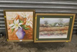 A GILT FRAMED OIL ON CANVAS STILL LIFE OF FLOWERS SIGNED DAVINA K 96 TOGETHER WITH A GLAZED PRINT (