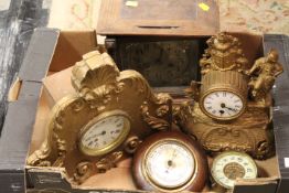 A TRAY OF ASSORTED CLOCKS AND BAROMETERS ETC.
