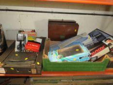 A SELECTION OF CAMERA EQUIPMENT, NEW /OLD STOCK LIGHT FITTINGS, CHESS GAME, GRAMOPHONE ETC
