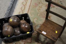 A SELECTION OF WOODEN BOWLS TOGETHER WITH A SMALL WOODEN STOOL.