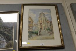 A FRAMED AND GLAZED WATERCOLOUR OF NUNS ON THE STEPS OUTSIDE A TOWN CHURCH - FOXED