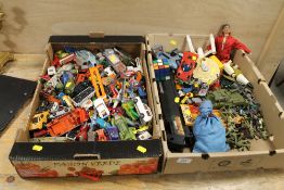 TWO TRAYS OF ASSORTED VINTAGE TOYS TO INCLUDE DIECAST / DINKY CARS, ACTION MAN ETC