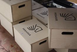 A SELECTION OF NEW LIDDED WOODEN STORAGE BOXES WITH PEGASUS LOGO. ( 7 )