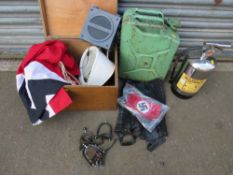 A BOX OF COLLECTABLES TO INCLUDE MILITARIA ETC, PLUS A JERRY CAN AND VINTAGE FIRE EXTINGUISHER
