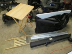 A CLAUDE HOOPER TRAVEL DISPLAY STAND, PULL UP BANNER, WOODEN FOLDING TABLE ETC