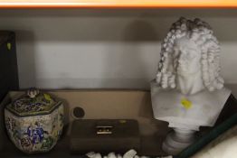 A BUST OF HANDEL TO WITH A CASED SET IF SIX SILVER HANDLED KNIVES, LIDDED ORIENTAL STYLE POT ETC