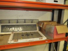 THREE LEADED GLASS PANELS TOGETHER WITH TWO BOXES OF GLASS ROOF TILES