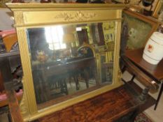 A 19TH CENTURY GILT OVERMANTLE MIRROR WITH CARVED DETAIL, H 78 cm, W 103 cm